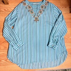 Soft Surroundings Striped Pullover Top With Heavy  Embroidery Size Large